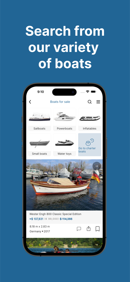 Boats-for-sale screen with category tiles