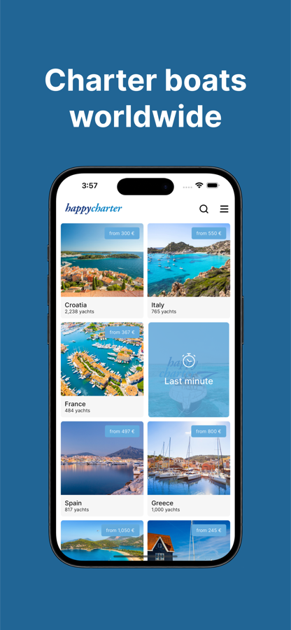 Happycharter destinations screen